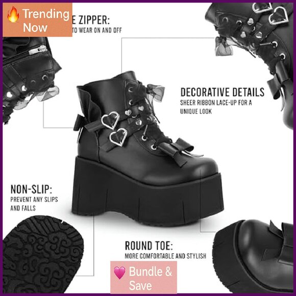 Platform Ankle Boots with Rivet Lace Up Zipper Wedge Heel Buckle Details - Picture 4 of 8